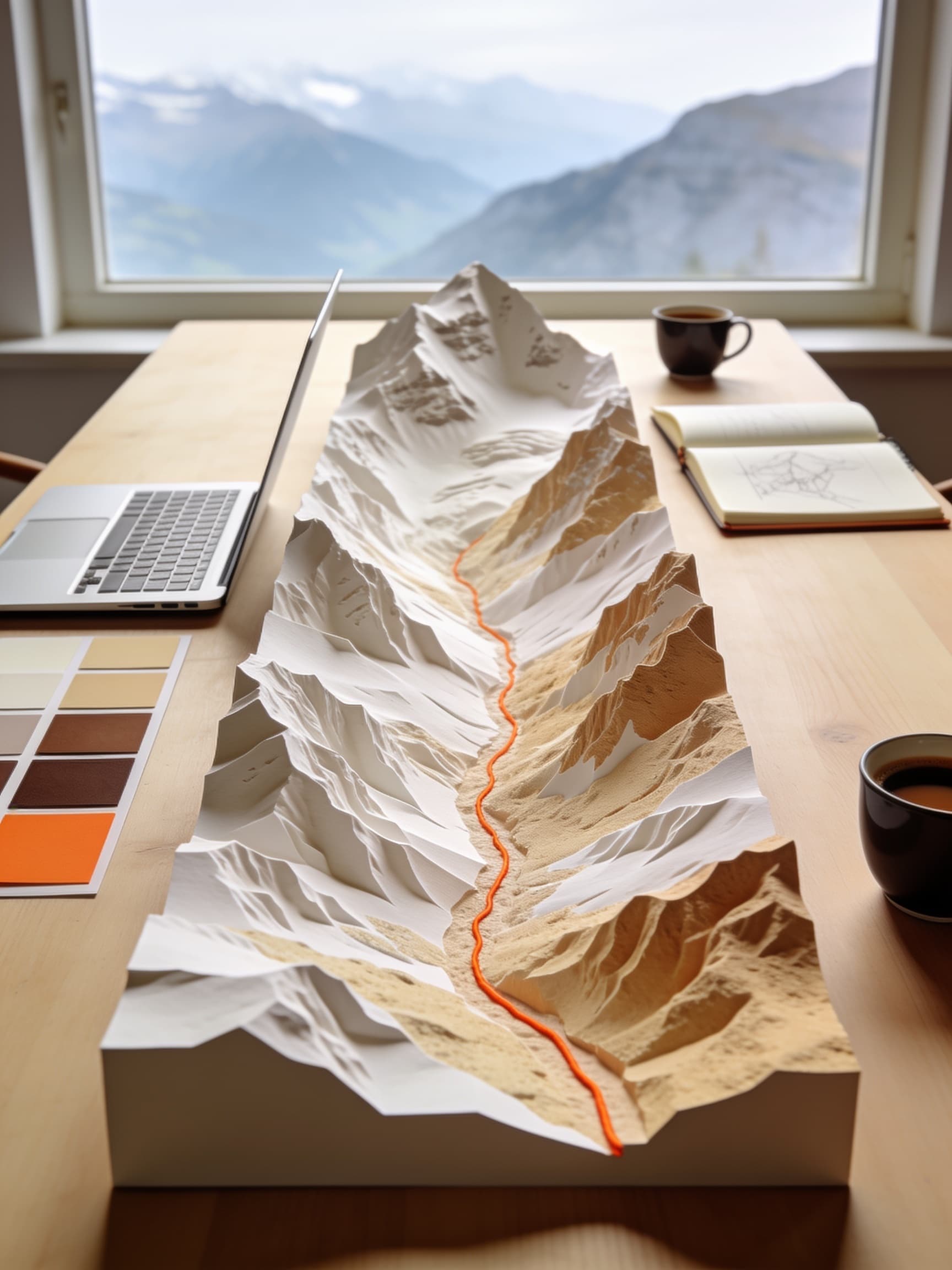 Paper relief model of an alpine valley on a wooden table, an orange line running through the valley, with a laptop, colour swatches, a sketchbook and coffee