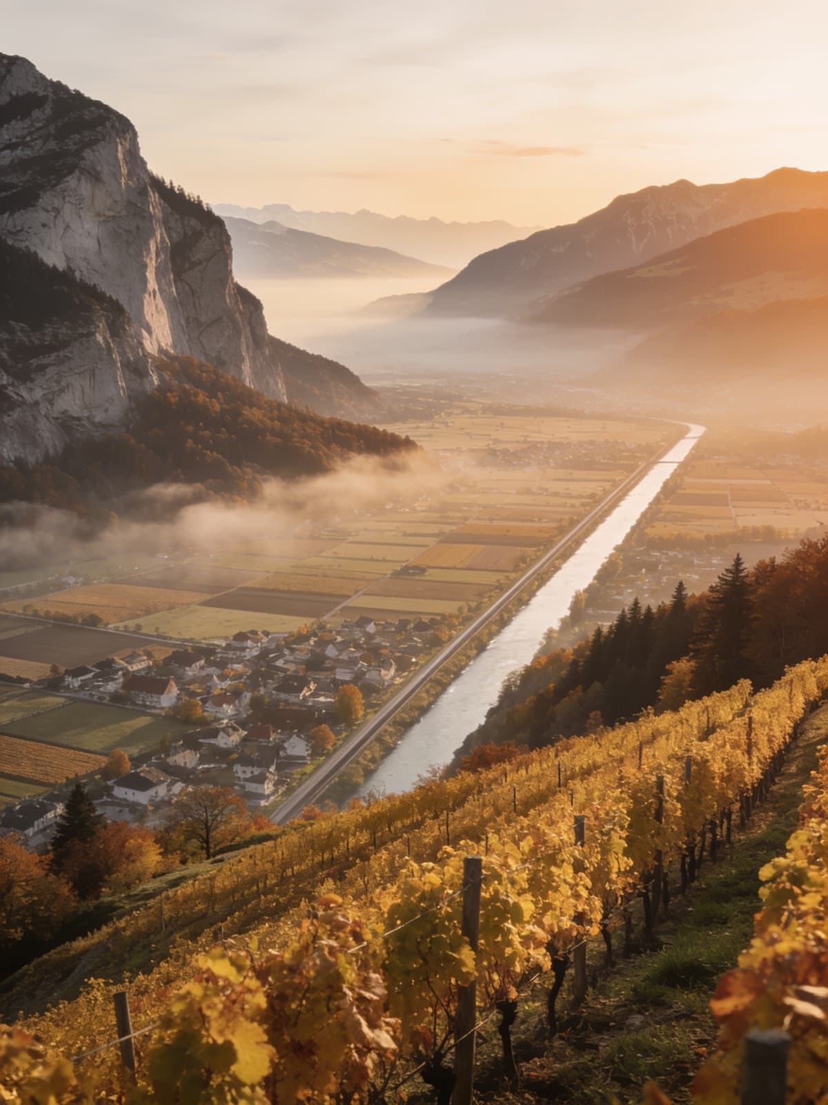 Blick von einem Rebberg über das Rheintal im Morgenlicht: links eine Felswand, im Tal ein Dorf, Felder und der Rhein, dahinter Nebel und Hügel