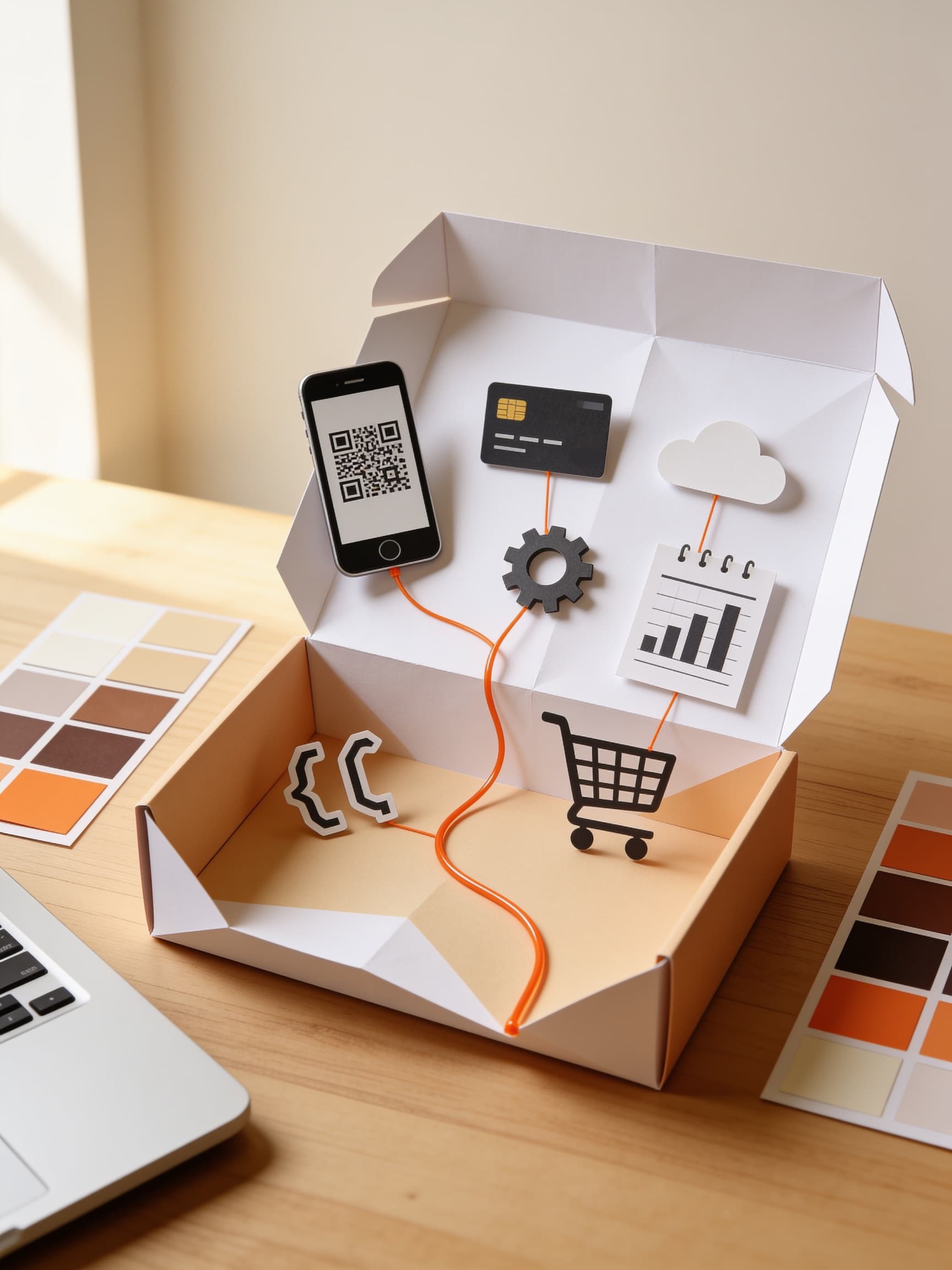 Open paper box on a wooden table holding digital tools such as a phone, a card, a cloud, a gear and a shopping cart, linked by orange threads